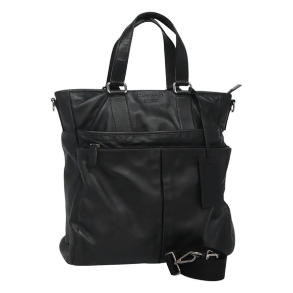 PRADA Hand Bag Leather 2way Black Silver Auth 114042