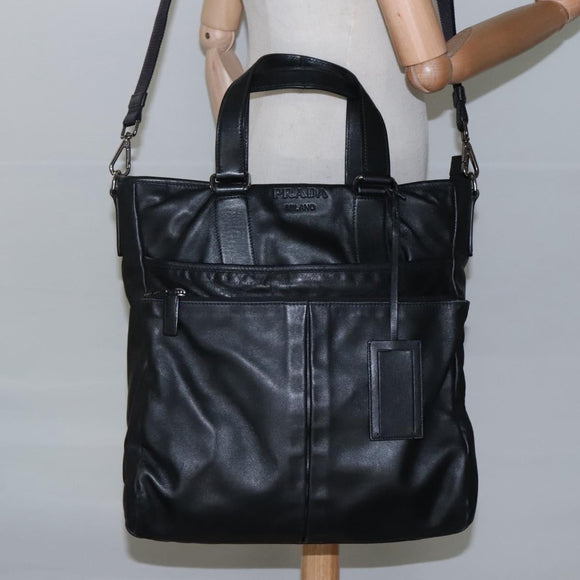 PRADA Hand Bag Leather 2way Black Silver Auth 114042