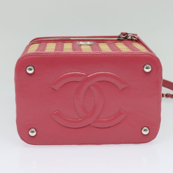 CHANEL Wicker Vanity Chain Shoulder Bag Rattan 2way Pink Silver CC Auth 114200AM