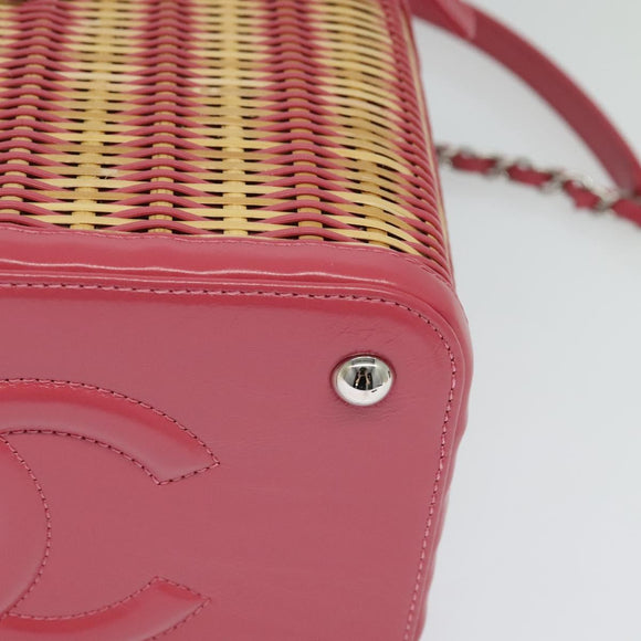 CHANEL Wicker Vanity Chain Shoulder Bag Rattan 2way Pink Silver CC Auth 114200AM