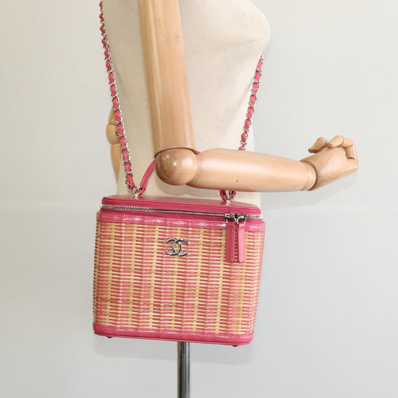 CHANEL Wicker Vanity Chain Shoulder Bag Rattan 2way Pink Silver CC Auth 114200AM
