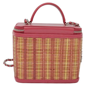 CHANEL Wicker Vanity Chain Shoulder Bag Rattan 2way Pink Silver CC Auth 114200AM - 0