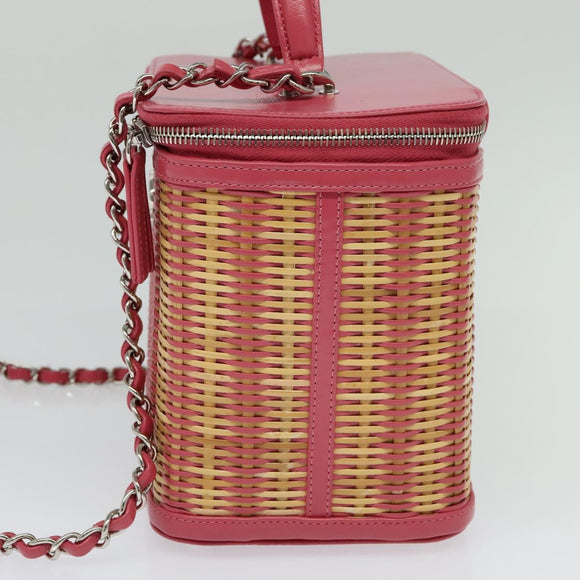 CHANEL Wicker Vanity Chain Shoulder Bag Rattan 2way Pink Silver CC Auth 114200AM