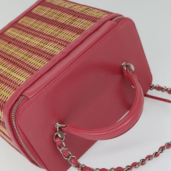 CHANEL Wicker Vanity Chain Shoulder Bag Rattan 2way Pink Silver CC Auth 114200AM