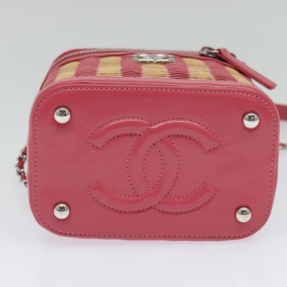 CHANEL Wicker Vanity Chain Shoulder Bag Rattan 2way Pink Silver CC Auth 114201SAM