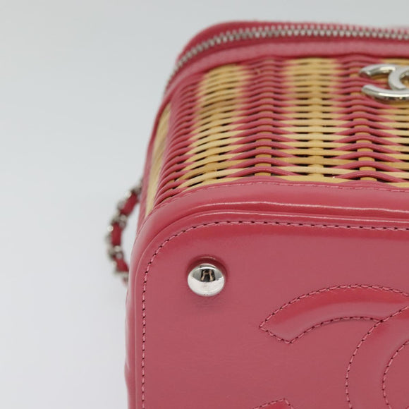 CHANEL Wicker Vanity Chain Shoulder Bag Rattan 2way Pink Silver CC Auth 114201AM
