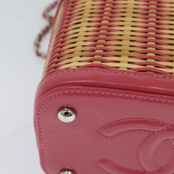 CHANEL Wicker Vanity Chain Shoulder Bag Rattan 2way Pink Silver CC Auth 114201AM