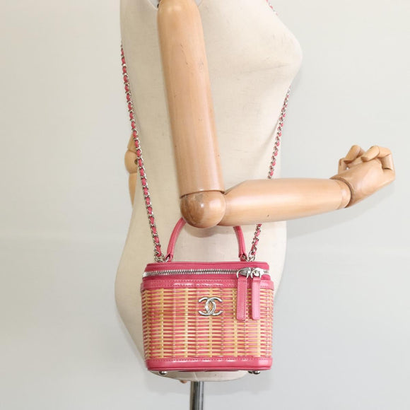CHANEL Wicker Vanity Chain Shoulder Bag Rattan 2way Pink Silver CC Auth 114201SAM