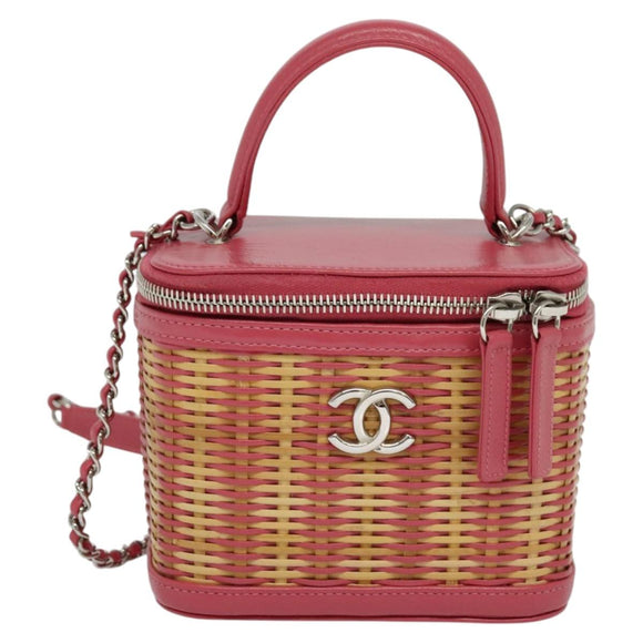 CHANEL Wicker Vanity Chain Shoulder Bag Rattan 2way Pink Silver CC Auth 114201AM
