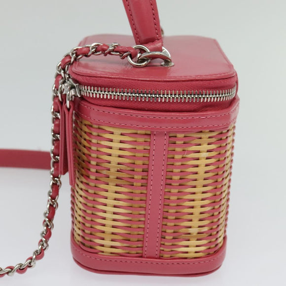 CHANEL Wicker Vanity Chain Shoulder Bag Rattan 2way Pink Silver CC Auth 114201AM