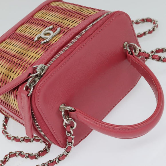 CHANEL Wicker Vanity Chain Shoulder Bag Rattan 2way Pink Silver CC Auth 114201AM