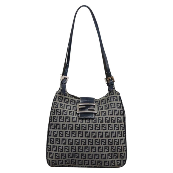 FENDI Zucchino Canvas Shoulder Bag Navy Auth 114284