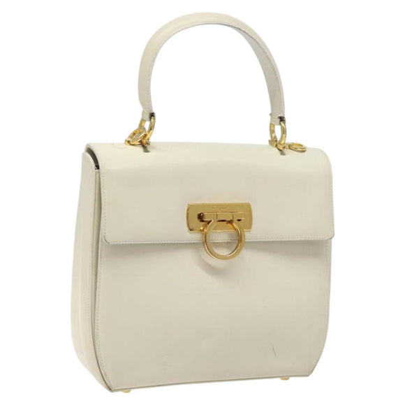 Salvatore Ferragamo Gancini Hand Bag Leather White Gold Auth 114378