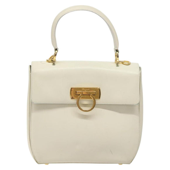 Salvatore Ferragamo Gancini Hand Bag Leather White Gold Auth 114378