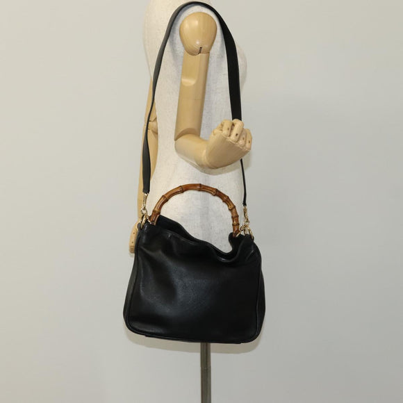 GUCCI Bamboo Hand Bag Leather 2way Black 001 1638 Auth 114458