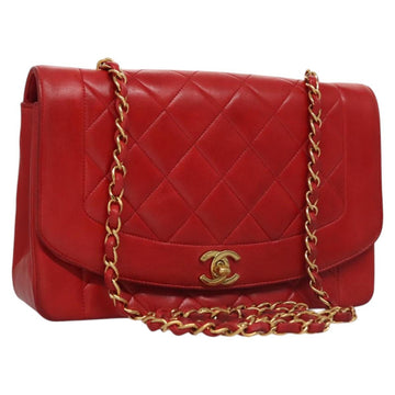CHANEL Diana 25 Chain Shoulder Bag Lamb Skin Red CC Auth 114568A