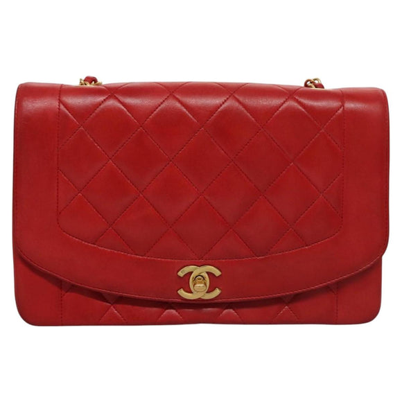 CHANEL Diana 25 Chain Shoulder Bag Lamb Skin Red CC Auth 114568A