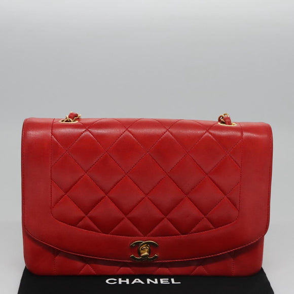 CHANEL Diana 25 Chain Shoulder Bag Lamb Skin Red CC Auth 114568A