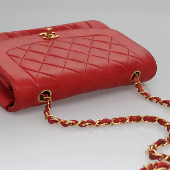 CHANEL Diana 25 Chain Shoulder Bag Lamb Skin Red CC Auth 114568A