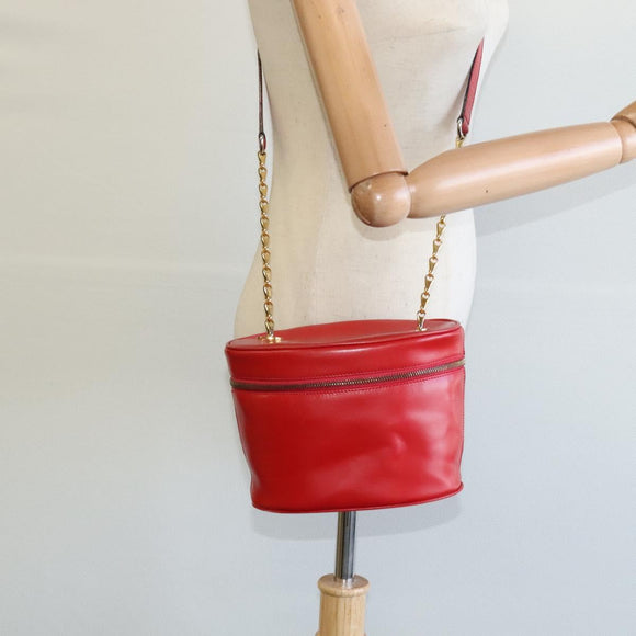 CELINE Chain Shoulder Bag Leather Red Gold Auth 114588