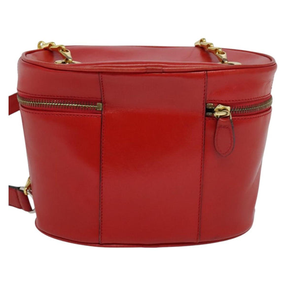 CELINE Chain Shoulder Bag Leather Red Gold Auth 114588