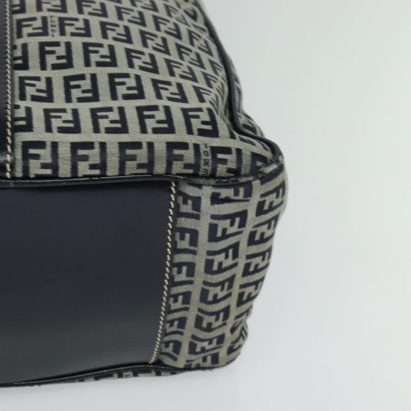 FENDI Zucchino Canvas Hand Bag Navy Silver Auth 114726