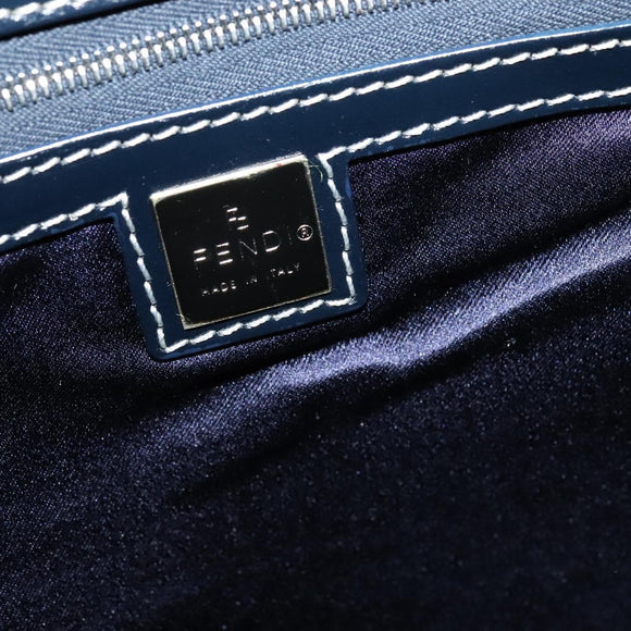 FENDI Zucchino Canvas Hand Bag Navy Silver Auth 114726