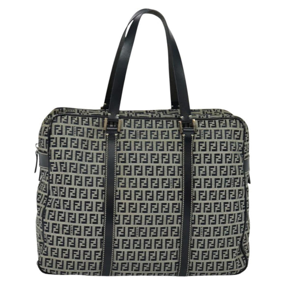FENDI Zucchino Canvas Hand Bag Navy Silver Auth 114726