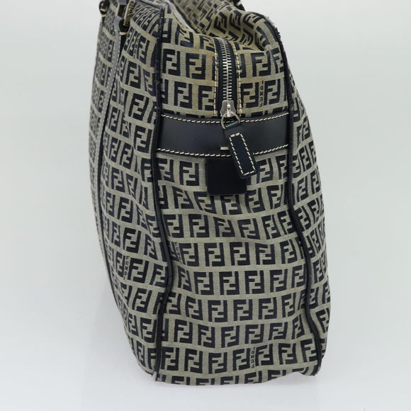 FENDI Zucchino Canvas Hand Bag Navy Silver Auth 114726