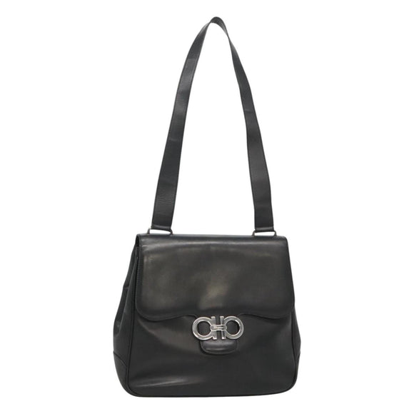Salvatore Ferragamo Gancini Shoulder Bag Leather Black Silver Auth 114751