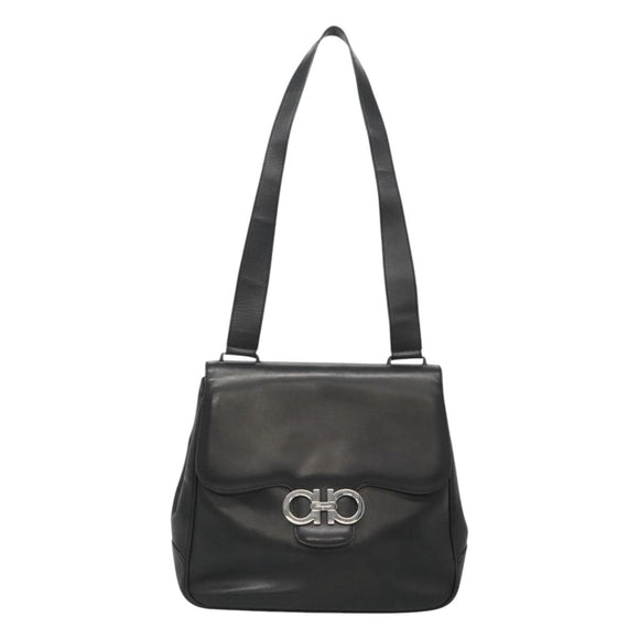Salvatore Ferragamo Gancini Shoulder Bag Leather Black Silver Auth 114751