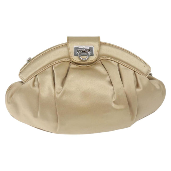 Salvatore Ferragamo Gancini Chain Shoulder Bag Satin Beige Silver Auth 114785