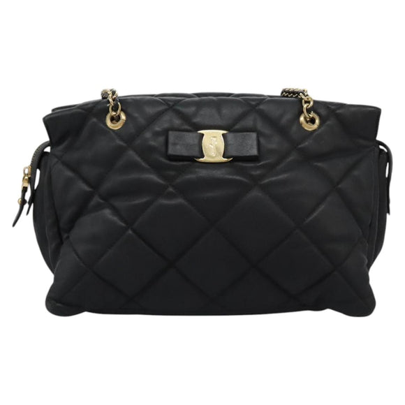 Salvatore Ferragamo Vara Quilted Chain Bag Leather Black Gold Auth 114789