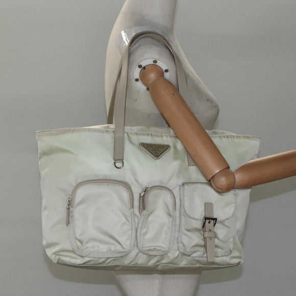 PRADA Tote Bag Nylon Ivory Silver Auth 114933