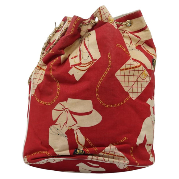 CHANEL Chain Shoulder Bag Canvas Red Gold CC Auth 114940