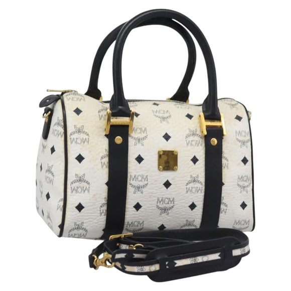 MCM Vicetos Logogram Hand Bag PVC Leather 2way White Gold Auth 115026