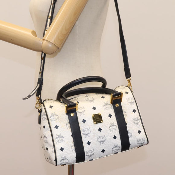 MCM Vicetos Logogram Hand Bag PVC Leather 2way White Gold Auth 115026