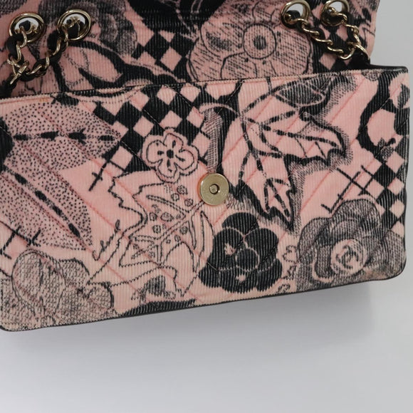 CHANEL Chain V Stitch Shoulder Bag Corduroy Pink Gold CC Auth 115032AM