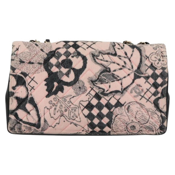 CHANEL Chain V Stitch Shoulder Bag Corduroy Pink Gold CC Auth 115032AM