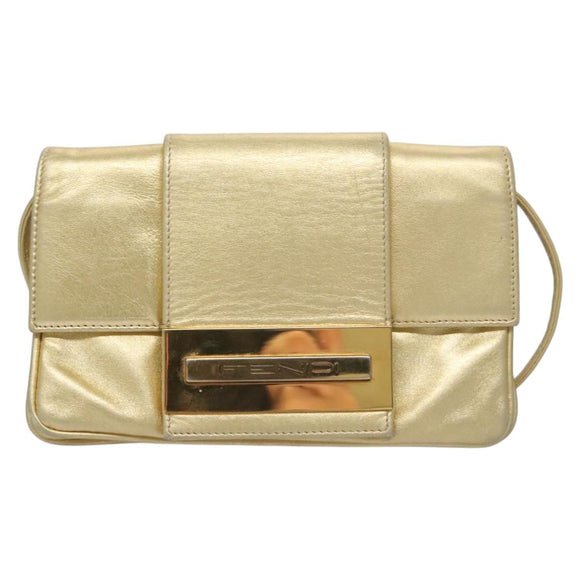 FENDI Shoulder Bag Leather Gold Auth 115157