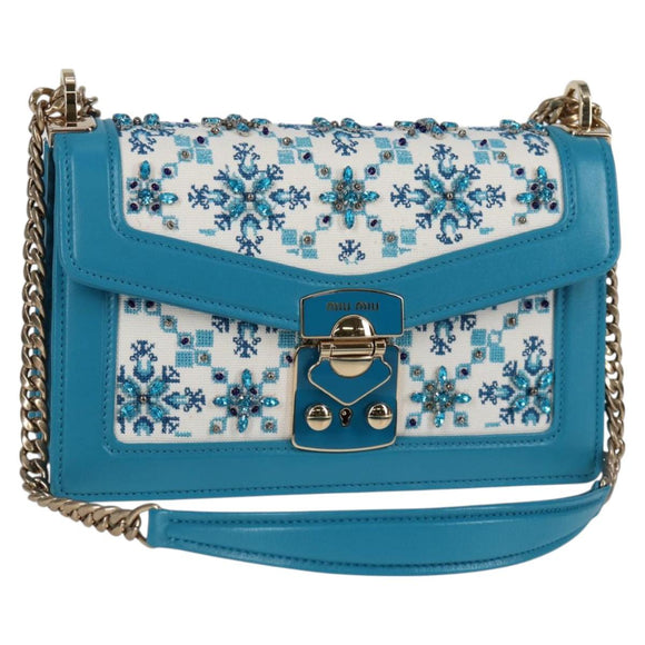 Miu Miu Chain Shoulder Bag Canvas Leather Blue Gold 5BD083 Auth 115233SM