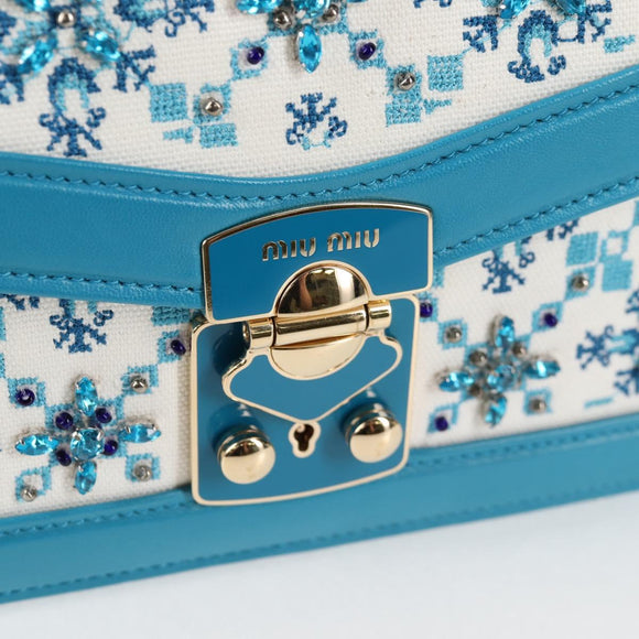 Miu Miu Chain Shoulder Bag Canvas Leather Blue Gold 5BD083 Auth 115233SM