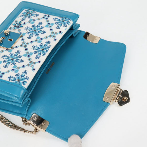 Miu Miu Chain Shoulder Bag Canvas Leather Blue Gold 5BD083 Auth 115233SM