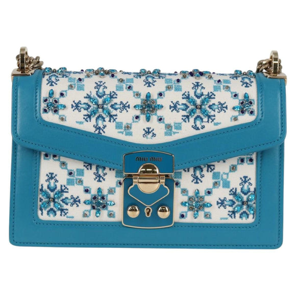 Miu Miu Chain Shoulder Bag Canvas Leather Blue Gold 5BD083 Auth 115233SM