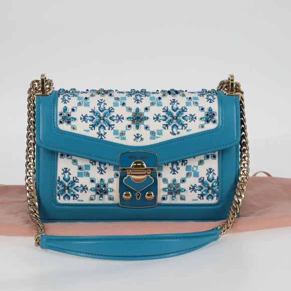 Miu Miu Chain Shoulder Bag Canvas Leather Blue Gold 5BD083 Auth 115233SM