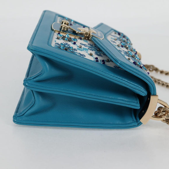 Miu Miu Chain Shoulder Bag Canvas Leather Blue Gold 5BD083 Auth 115233SM