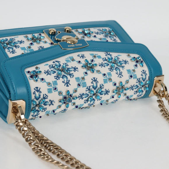 Miu Miu Chain Shoulder Bag Canvas Leather Blue Gold 5BD083 Auth 115233SM