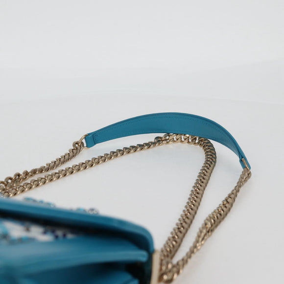 Miu Miu Chain Shoulder Bag Canvas Leather Blue Gold 5BD083 Auth 115233SM