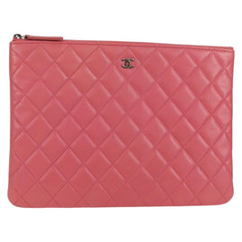 CHANEL Matelasse Clutch Bag Lamb Skin Pink Silver CC Auth 115255A