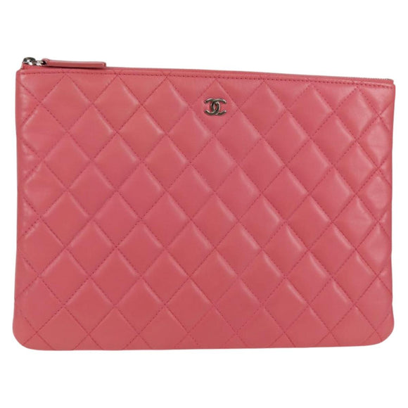 CHANEL Matelasse Clutch Bag Lamb Skin Pink Silver CC Auth 115255A